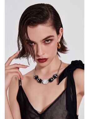 Black Onyx Skull & White Marble Bohemian Necklace Swarovski Crystals Hand Solder